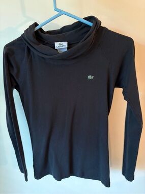 Lacoste Long Sleeve Cowl Neck Black Tshirt with Green Crocodile Logo